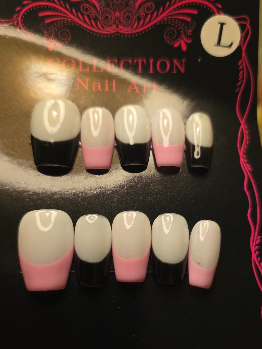 Women’s False Nail Set - Black, Pink & French Tips Size Large